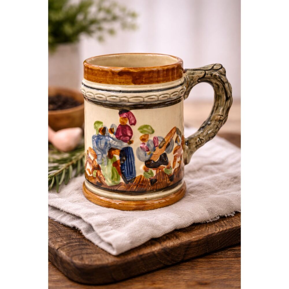 Vintage German Beer Stein‎ Mug Hand Painted Rustic Cottagecore Bar Collectible